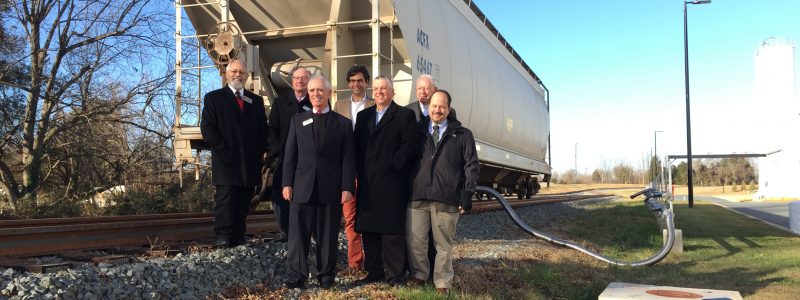Left to Right: Eddie Boswell, Chairman, Alamance County Board of Commissioners; Scott Saylor, NCRR President; Argyle Campbell, Cambro Manufacturing President; Arthur Samet, President, Samet Corporation; Mac Stephenson, President, Alamance Chamber; Glendel Stephenson, Mayor of Mebane; Paul Worley, Director, NCDOT Rail Division